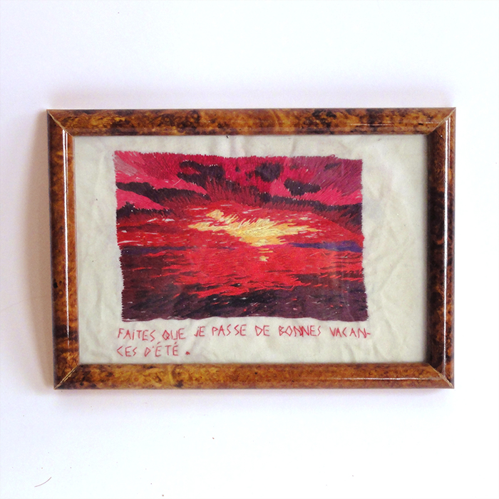 Ex-voto broderie carte postale coucher de soleil pour passer de bonnes vacances